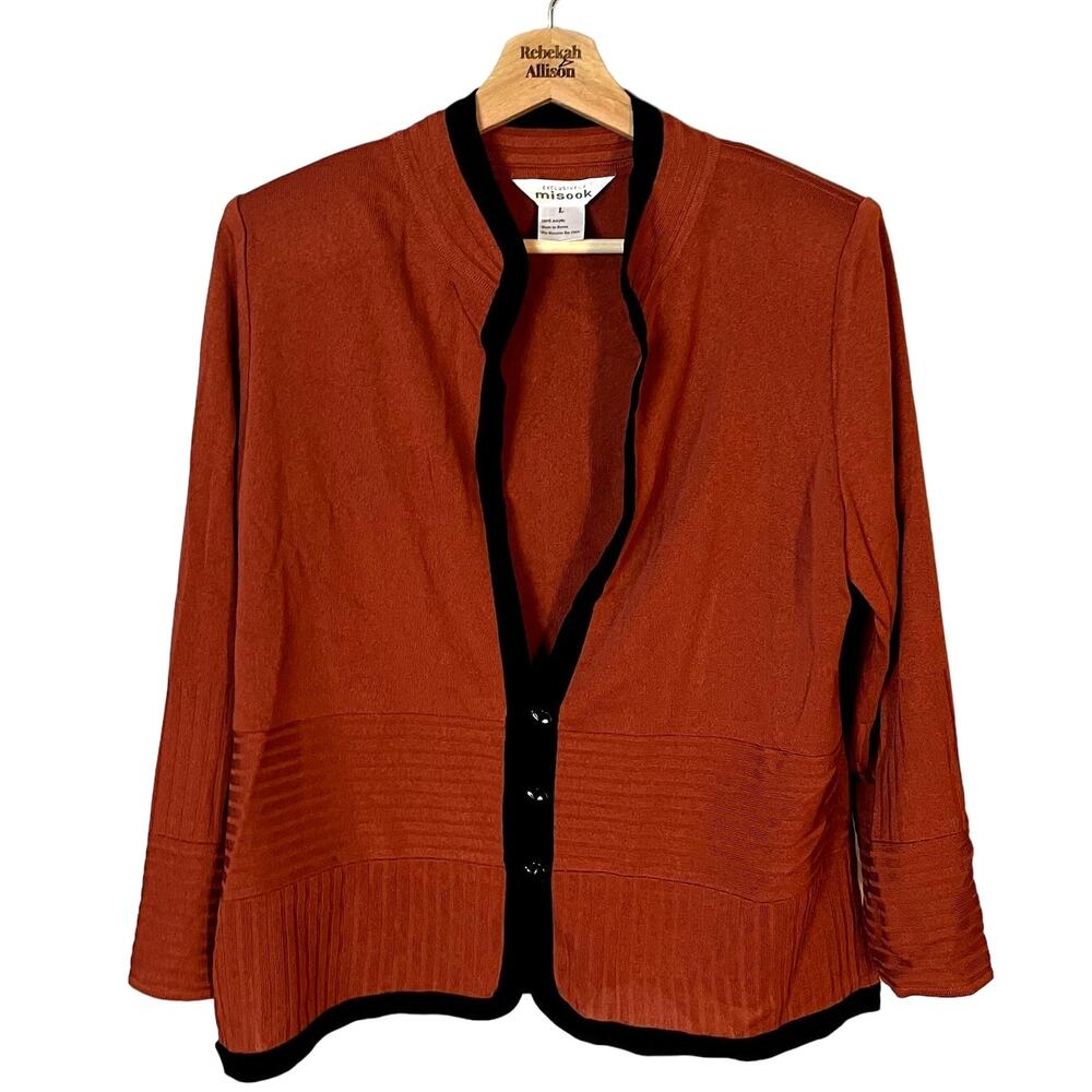 Misook Designer Acrylic Knit Cardigan Sweater Jacket Orange/Black Women's Large